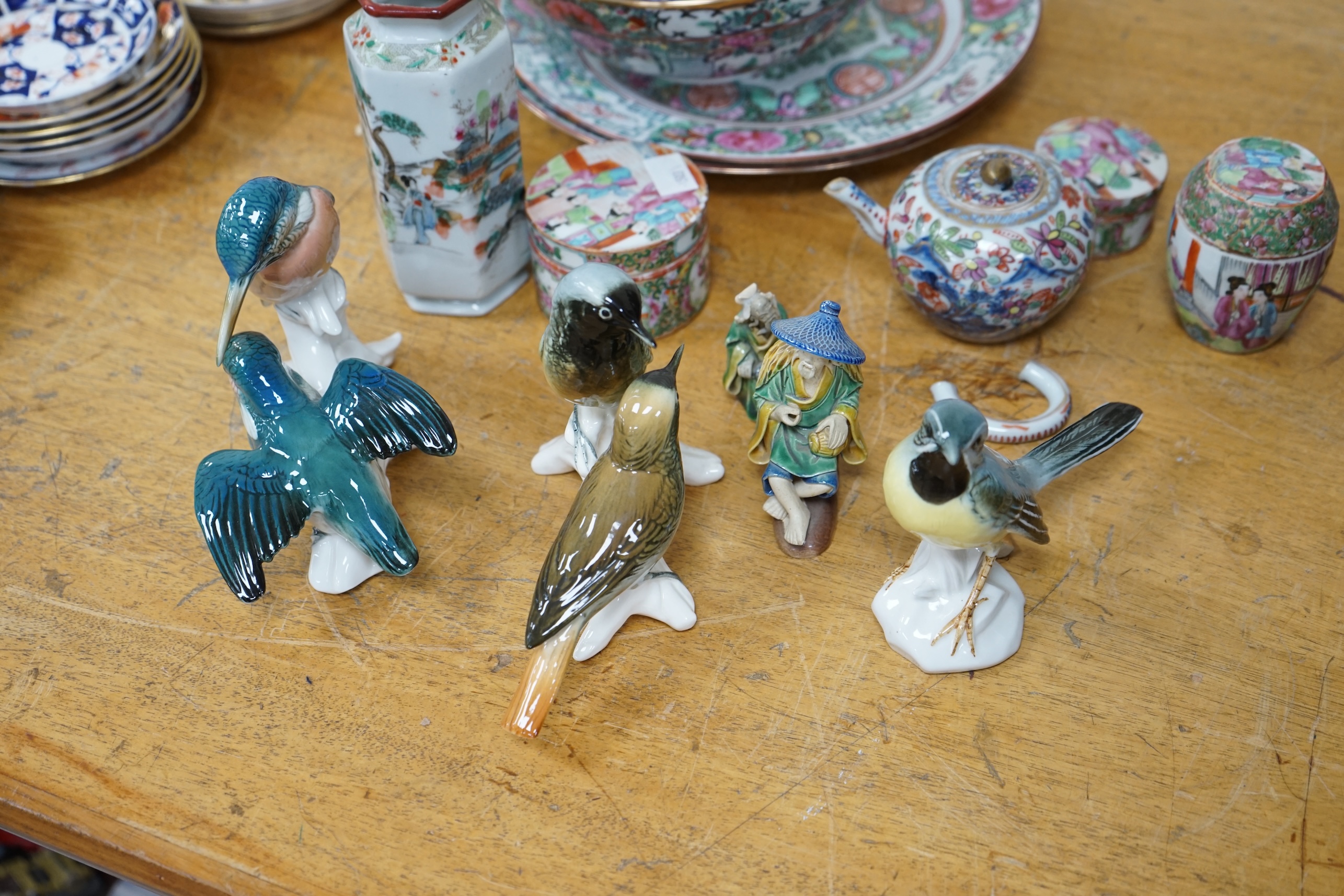 A group of various Chinese ceramics and three European bird groups. Condition - varies